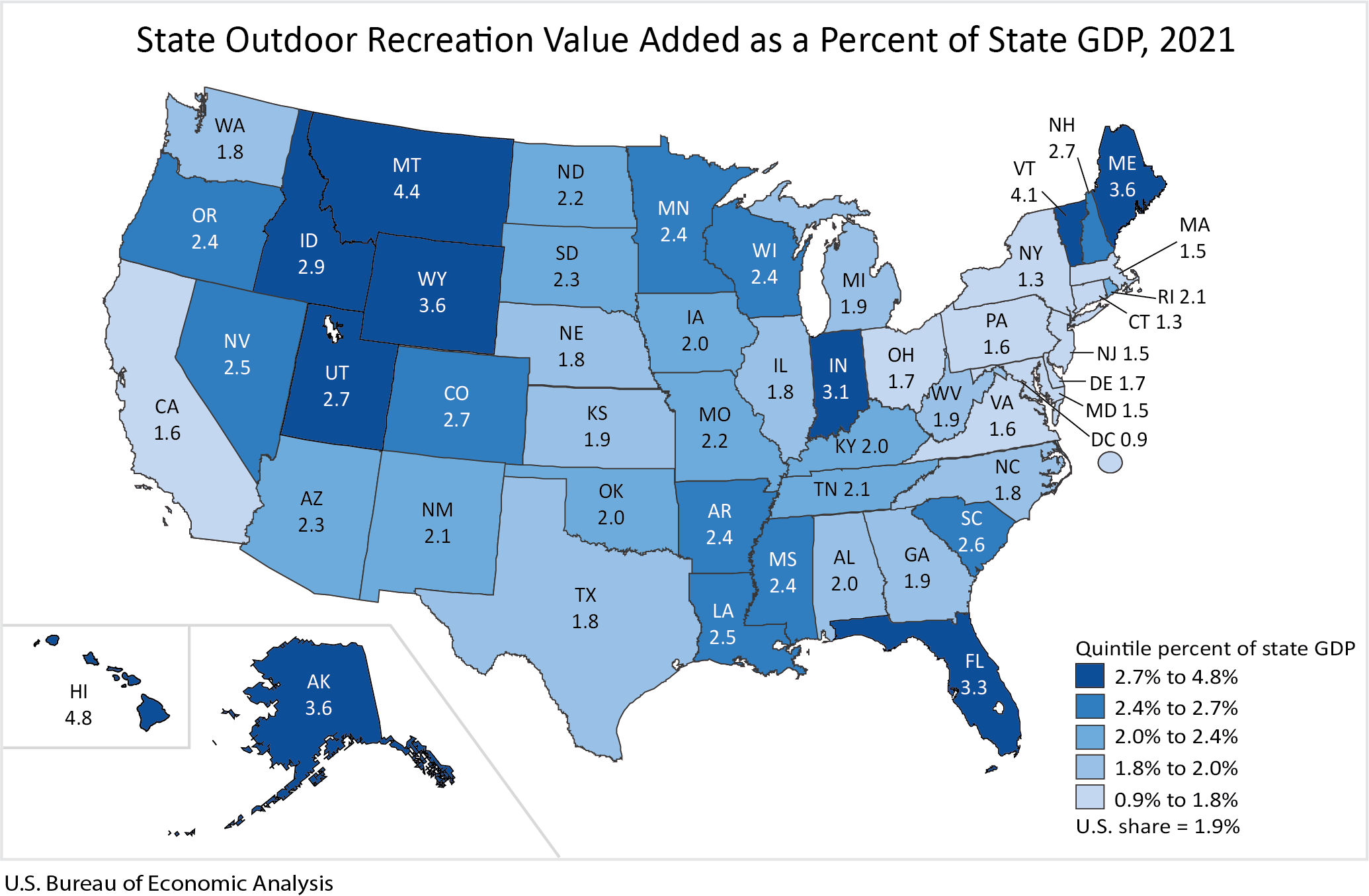 Outdoor recreation as percentage of state GDP - credit U.S. BEA
